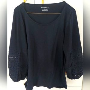 Talbots 3/4 sleeve tee with laser cut sleeve navy blue size Large